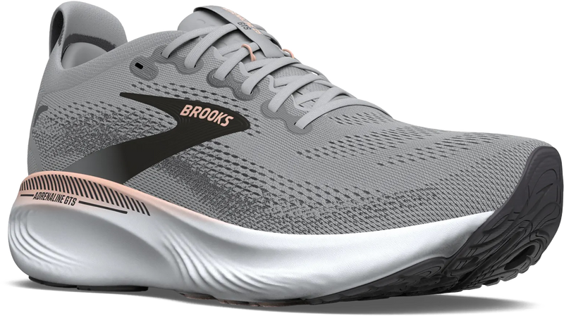 Quarter turn view Women's Brooks Footwear style name Adrenaline GTS 25 Medium in color GR/BKP/COR. Sku: 120443-1B032