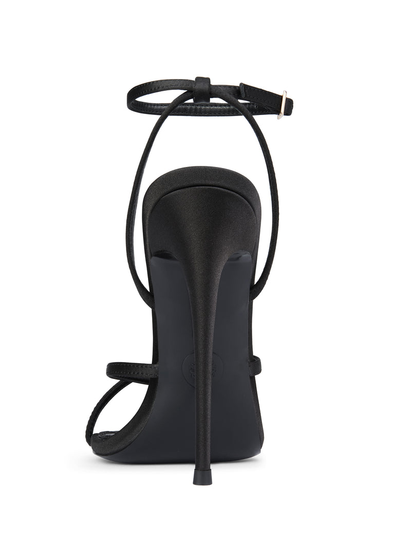 Femme LA Ale Sandal in Satin Black – back view showing slim stiletto heel, ankle strap, and black outsole