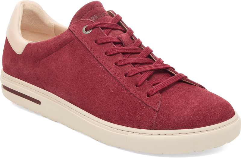 Quarter turn view Women's Birkenstock Footwear style name Bend Varsity Suede Narrow in color ZINFANDEL. Sku: 1030119