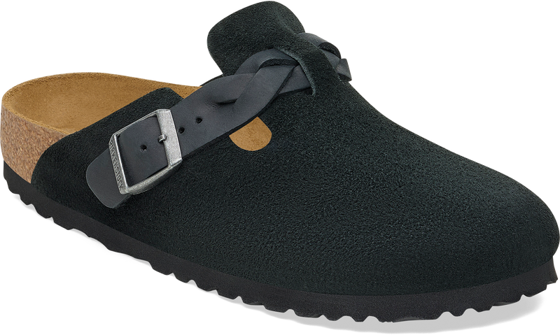 Quarter turn view Women's Birkenstock Footwear style name Boston Braid Suede Narrow in color BLACK SDE. Sku: 1030497