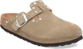 Quarter turn view Women's Birkenstock Footwear style name Boston Rivet Suede Narrow in color TAUPE SDE. Sku: 1030418
