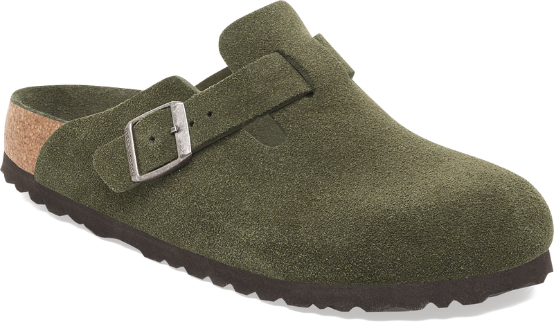 Quarter turn view Men's Birkenstock Footwear style name Boston Soft Footbed Suede in color THYME SDE. Sku: 1030879