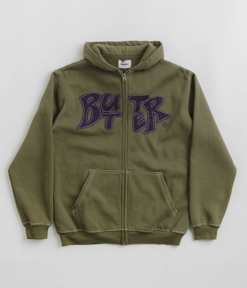 Butter Goods Fabric Applique Zip-Thru Hoodie in Army