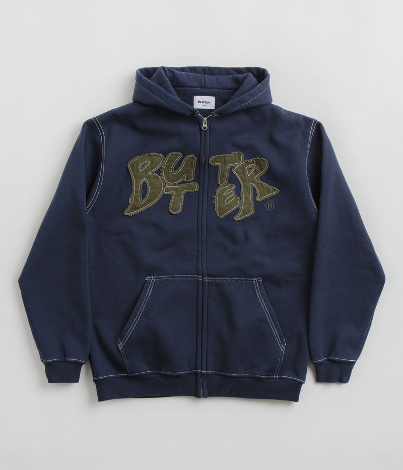 Butter Goods Fabric Applique Zip-Thru Hoodie in Navy