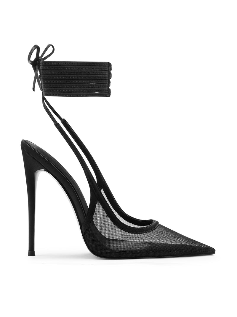 Black mesh Cobra Lace Up pump by FEMME LA, side view showing sheer pointed-toe vamp and multi-strap ankle wrap tied in a bow