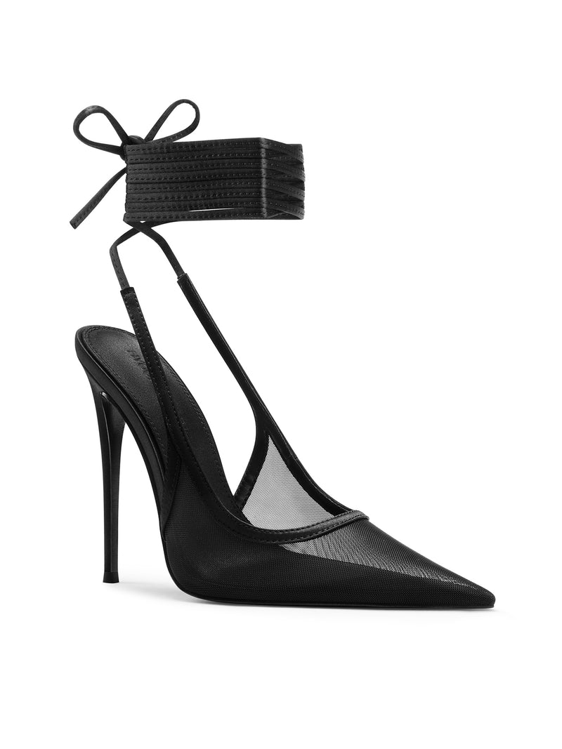 FEMME LA Cobra Lace Up in black, 3/4 front angle showing mesh pointed toe, multi-strap ankle cuff, and bow detail