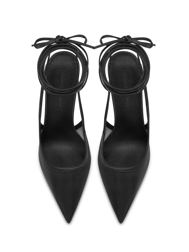 FEMME LA black Cobra Lace Up pumps, overhead flat lay showing FEMME insoles, ankle wrap bows, and pointed mesh toes
