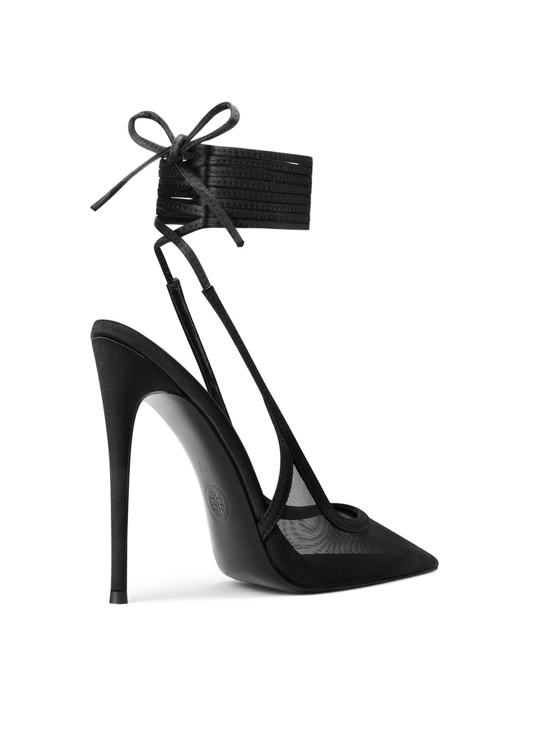 FEMME LA Cobra Lace Up in black, 3/4 back angle showing multi-strap ankle cuff and FEMME logo on outsole