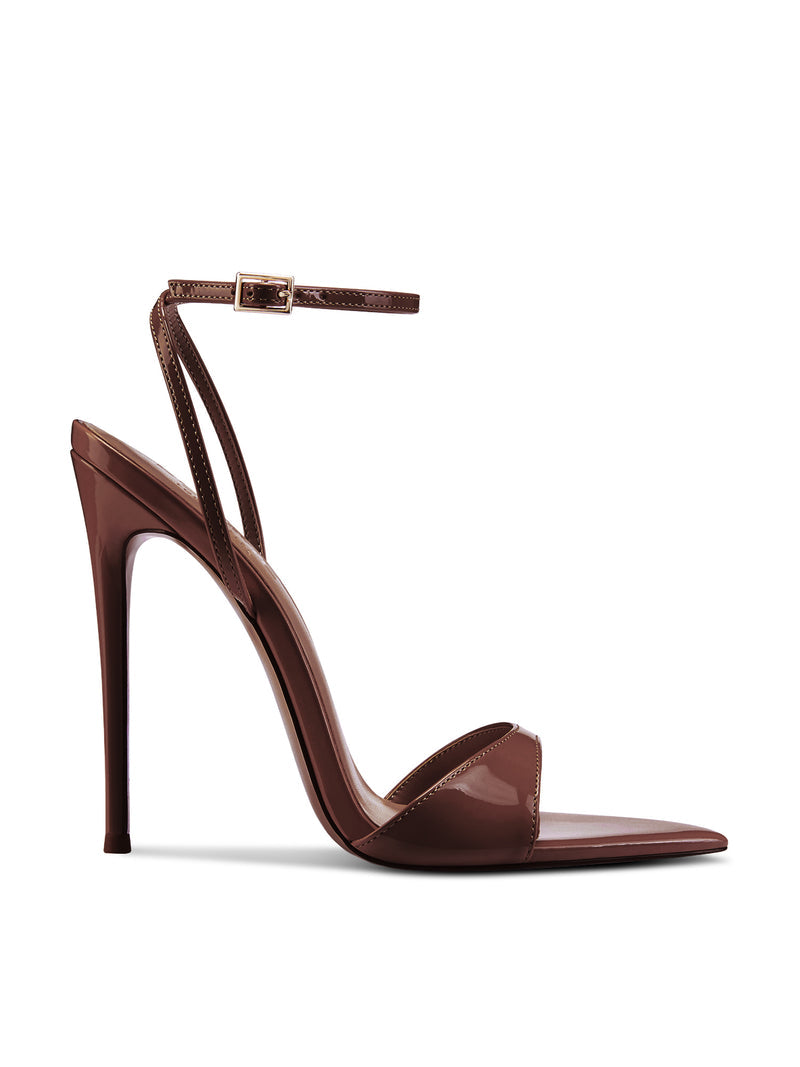 Chocolate patent GG Heel strappy sandal by FEMME LA, side view showing single toe strap, ankle strap with gold buckle, and ultra-slim stiletto
