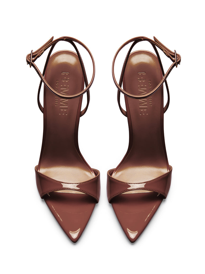 FEMME LA chocolate patent GG Heel sandals, overhead flat lay showing FEMME LOS ANGELES insoles, ankle strap buckles, and pointed toes
