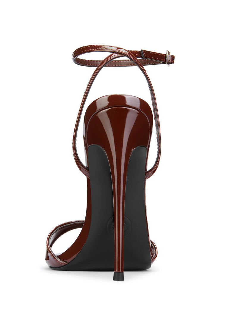 FEMME LA GG Heel in chocolate patent leather, back view showing slim stiletto heel and black rubber outsole