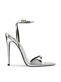 Mirror silver GG Heel strappy sandal by FEMME LA, side view showing single toe strap, ankle strap with buckle, and ultra-slim stiletto