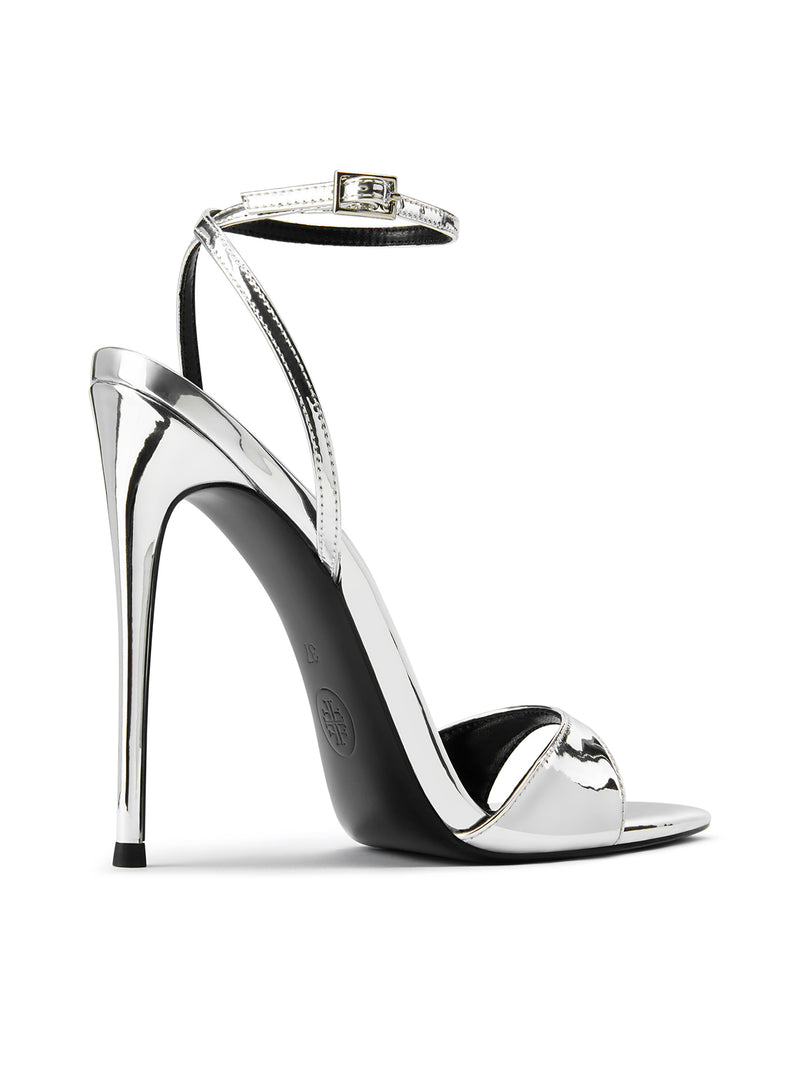 FEMME LA GG Heel in mirror silver, front-right angle showing toe strap and FEMME logo on black rubber outsole