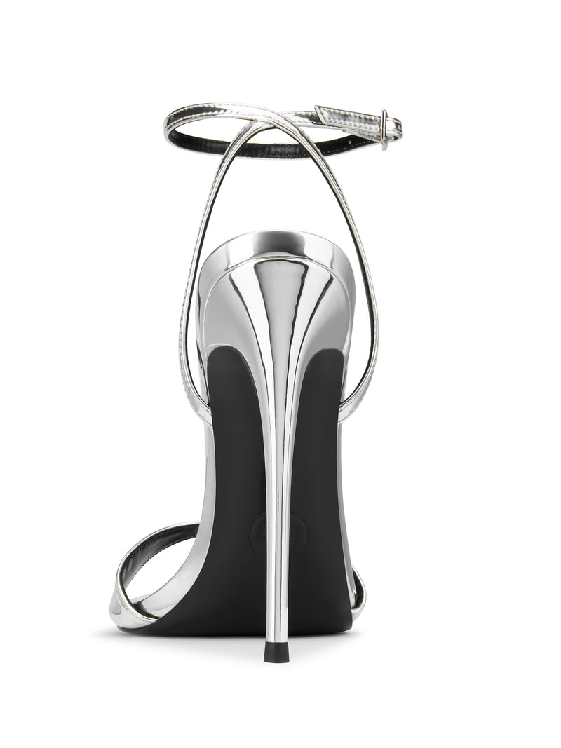 FEMME LA GG Heel in mirror silver, back view showing slim stiletto heel and black rubber outsole