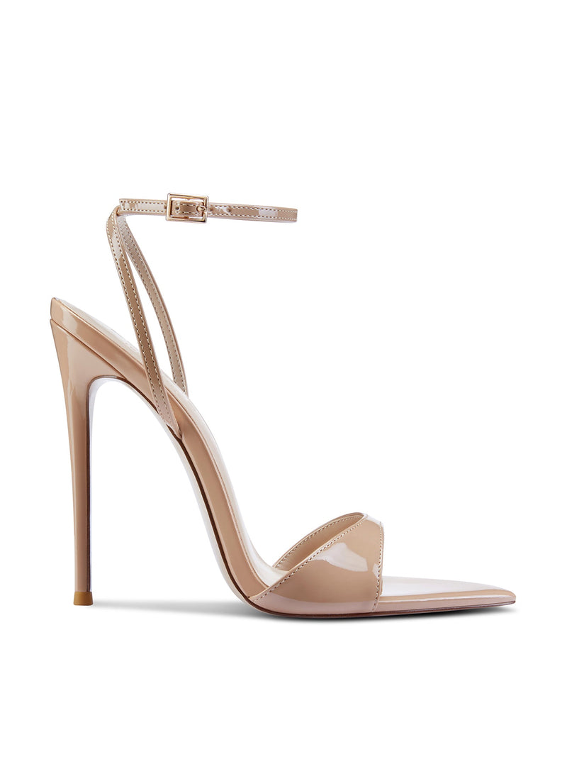 Nude patent GG Heel strappy sandal by FEMME LA, side view showing single toe strap, ankle strap with gold buckle, and ultra-slim stiletto heel