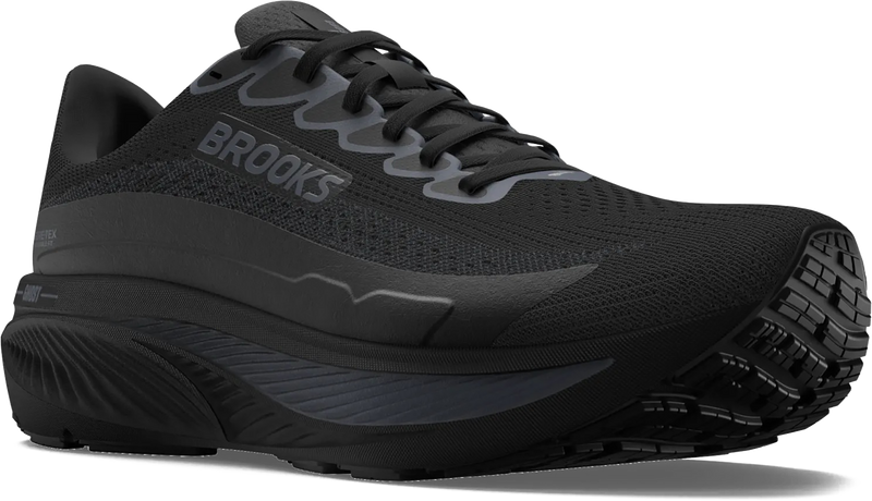 Quarter turn view Men's Brooks Footwear style name Ghost 17 GTX Medium in color BLK/BLK/EB. Sku: 110462-1D020
