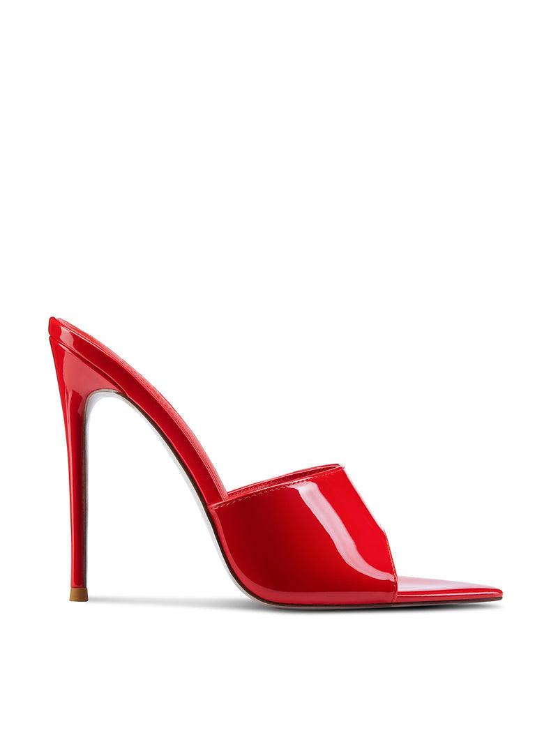 Femme LA Gianni Patent Mule in Rouge – side profile of red patent leather pointed-toe mule with wide vamp strap and slim stiletto heel