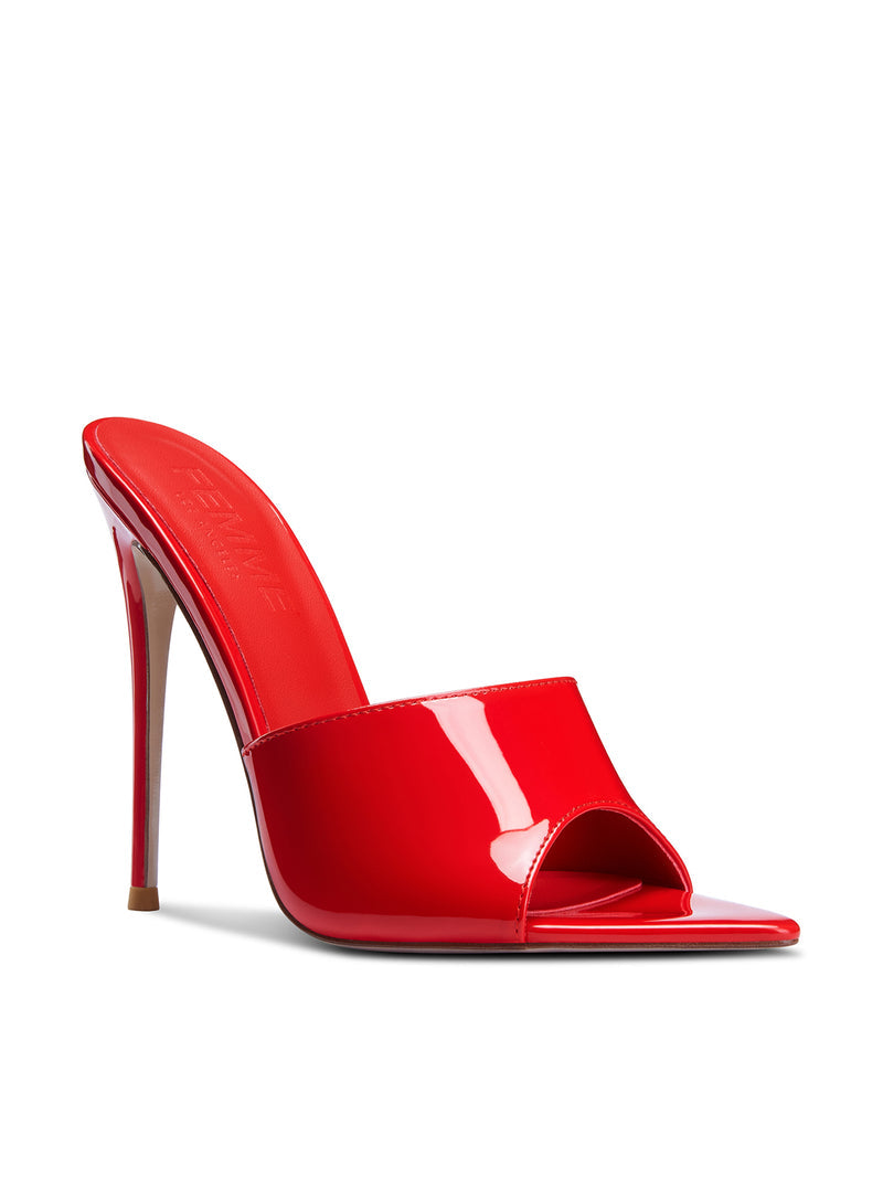 Femme LA Gianni Patent Mule in Rouge – front three-quarter view showing pointed open toe and wide patent leather vamp strap