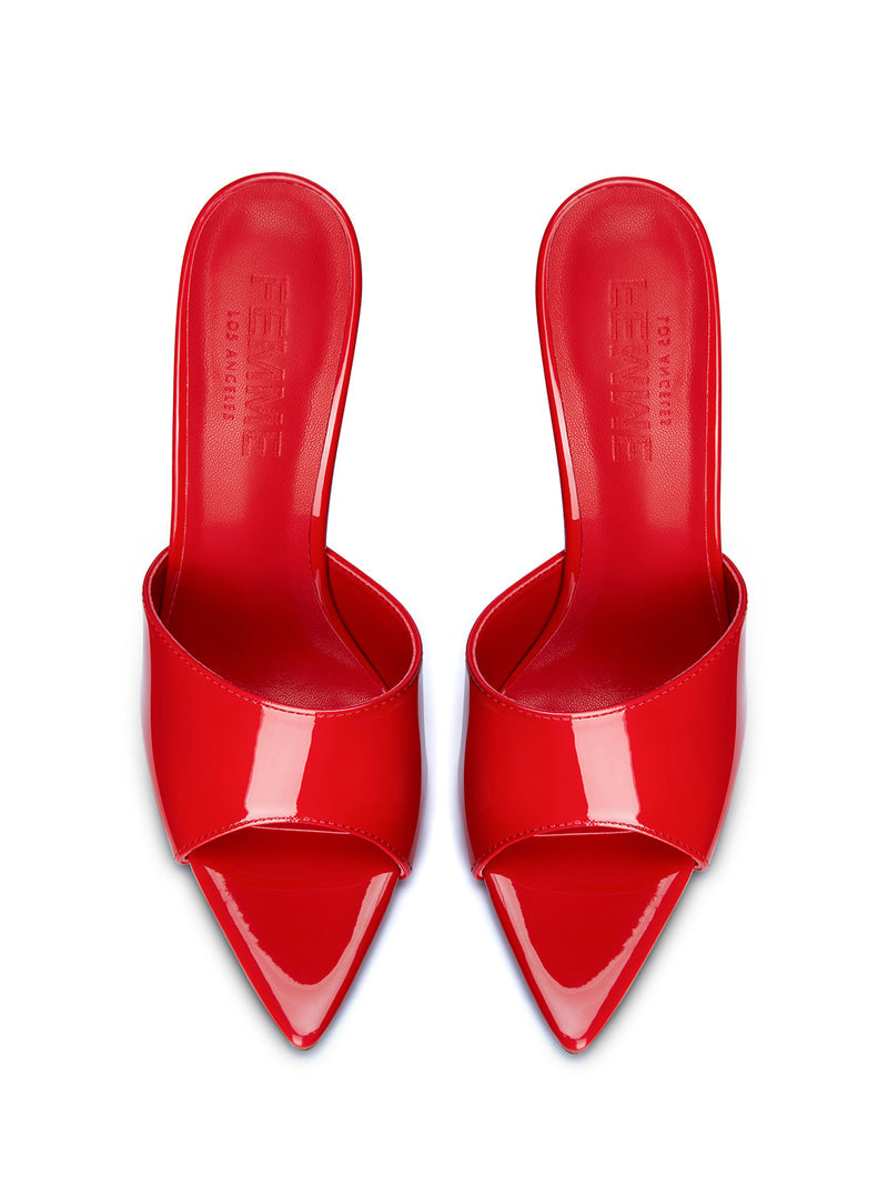 Femme LA Gianni Patent Mule in Rouge – top-down view of the pair showing pointed toe silhouette and Femme LA branded insoles