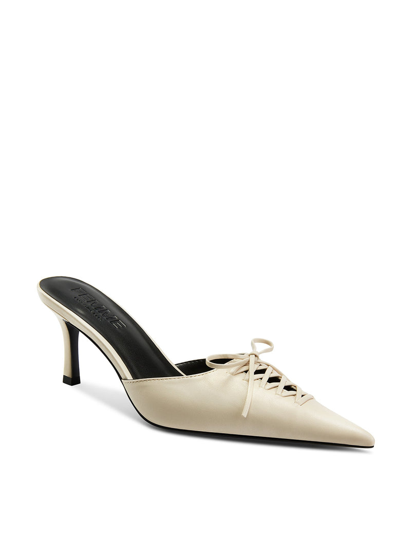 Femme LA Louis Slipper in Cream – front three-quarter view showing lace-up corset vamp detail with bow and Femme LA branded insole