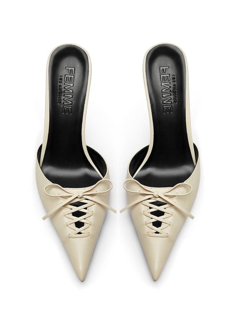 Femme LA Louis Slipper in Cream – top-down view of the pair showing lace-up corset detail with bow and Femme LA branded insoles