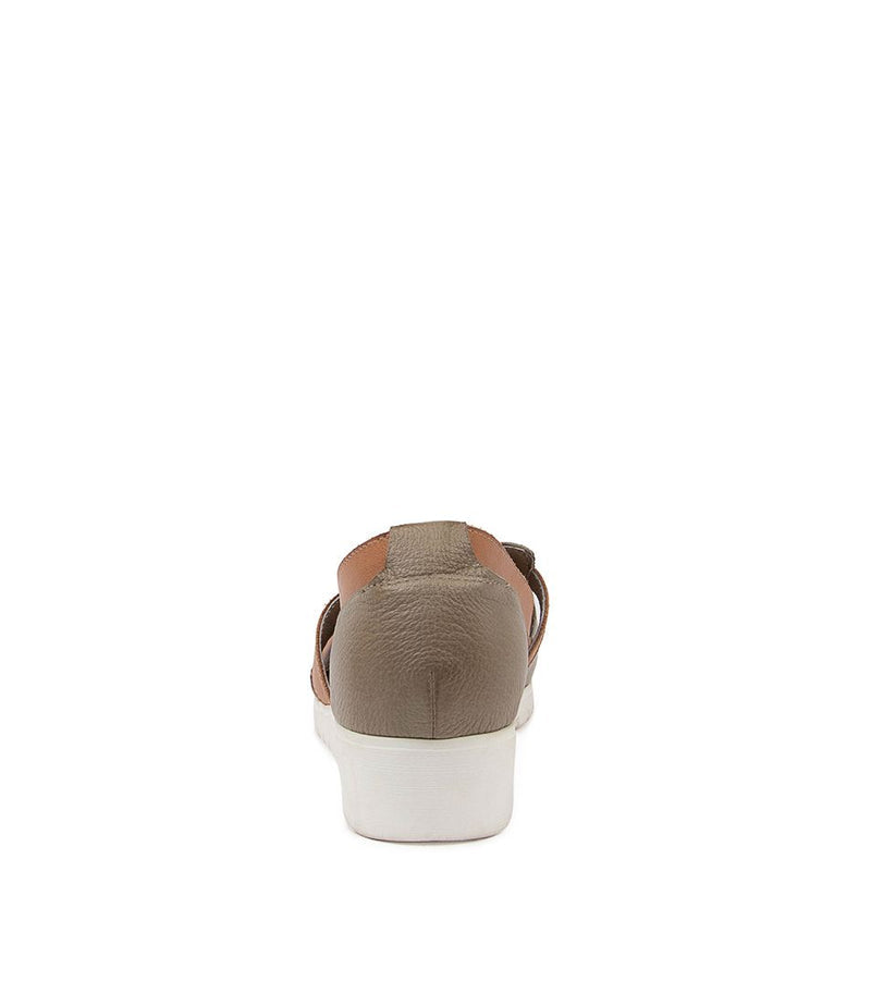 Rear View Women's Django & Juliette Maisy Sandal In Khaki/ Dk Tan/ White Sole Leather Sku: Dj15886Hnzle