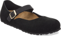 Quarter turn view Women's Birkenstock Footwear style name Mantova Suede Narrow in color BLACK SDE. Sku: 1030423