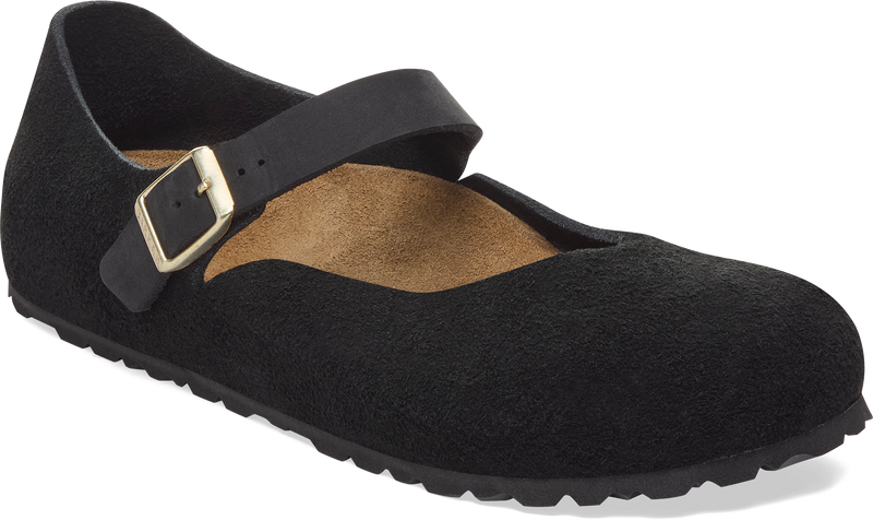 Quarter turn view Women's Birkenstock Footwear style name Mantova Suede Narrow in color BLACK SDE. Sku: 1030423