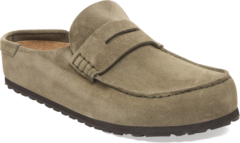 Quarter turn view Women's Birkenstock Footwear style name Naples 2.0 Suede Narrow in color TAUPE SDE. Sku: 1029710