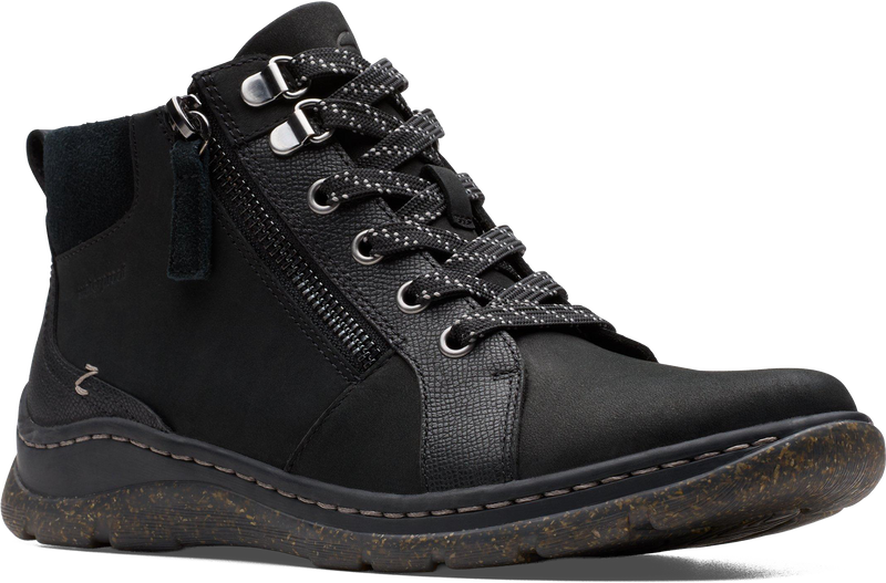 Quarter turn view Women's Clarks Footwear style name Orlene Top Waterproof Extra Wide in color BLK LEA. Sku: 26182991XW