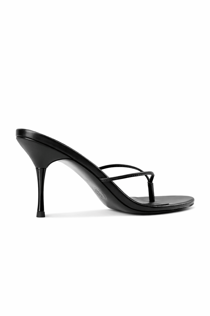 FEMME LA Osaka Slipper in black, right side profile showing thong strap detail and slim mid stiletto heel