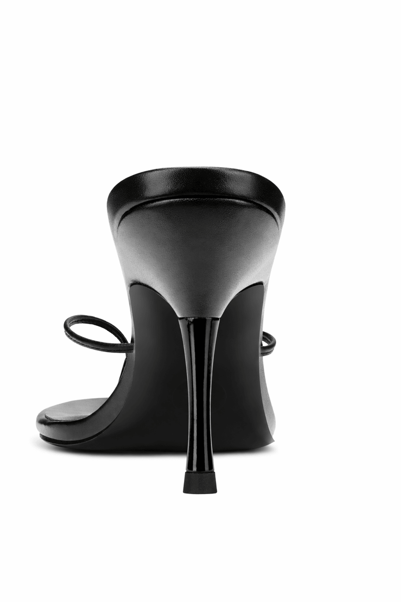 FEMME LA Osaka Slipper in black, back view showing all-black slim stiletto heel and thong toe strap