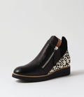 Black wedge shoe with leopard print heel on a light gray background