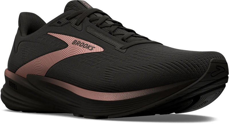Quarter turn view Women's Brooks Footwear style name Revel 8 Medium in color BK/BK/RSGO. Sku: 120456-1B043