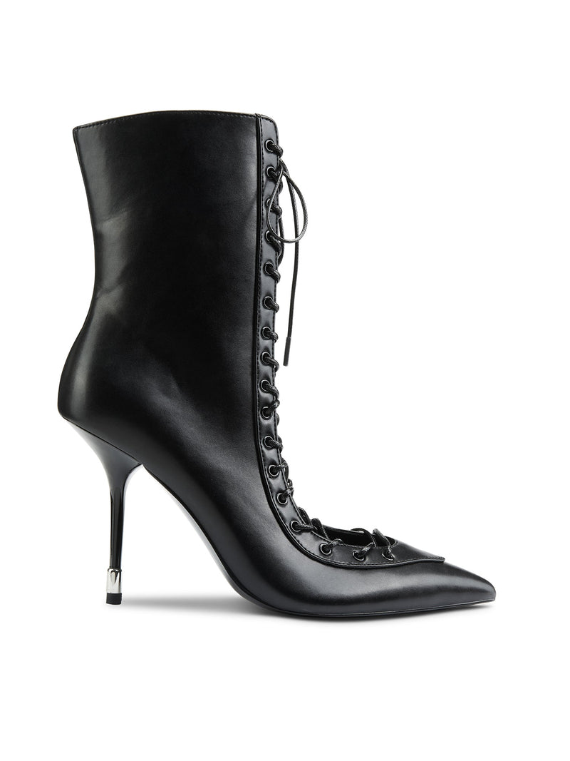 Femme LA Salem Boot in Black – side profile of black leather lace-up ankle boot with full-length front corset lacing and slim stiletto with silver tip