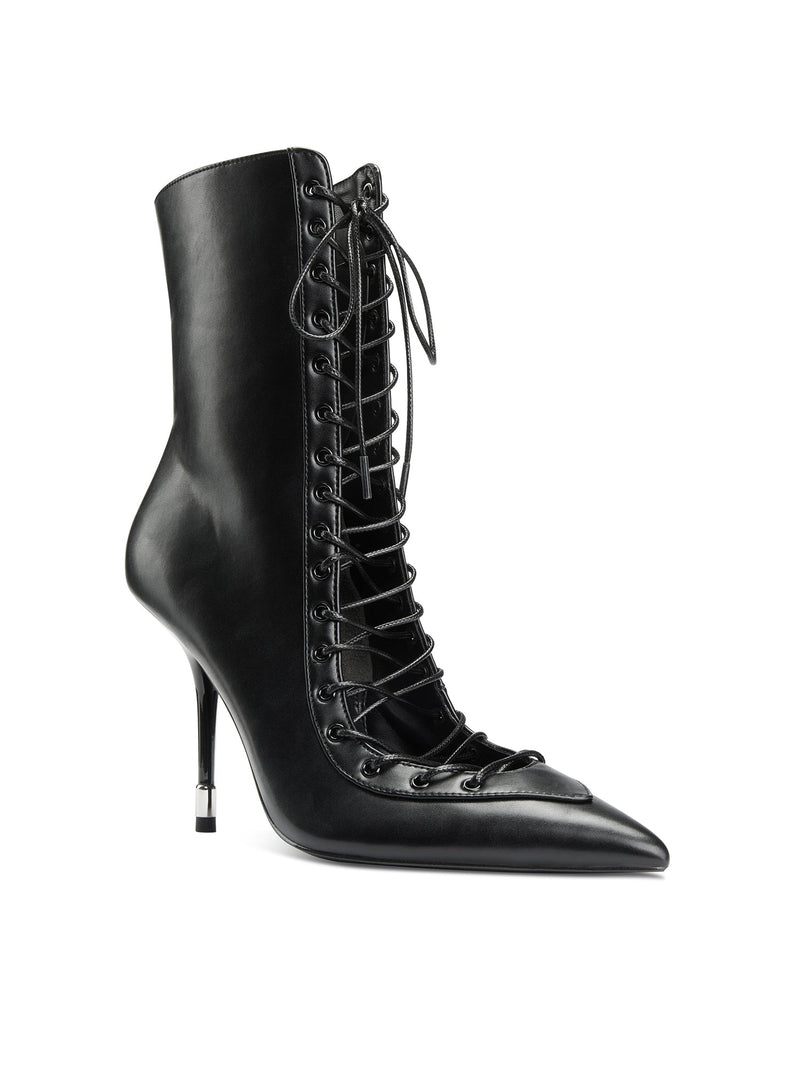 Femme LA Salem Boot in Black – front three-quarter view showing full front corset lace-up detail, pointed toe, and slim stiletto with silver tip