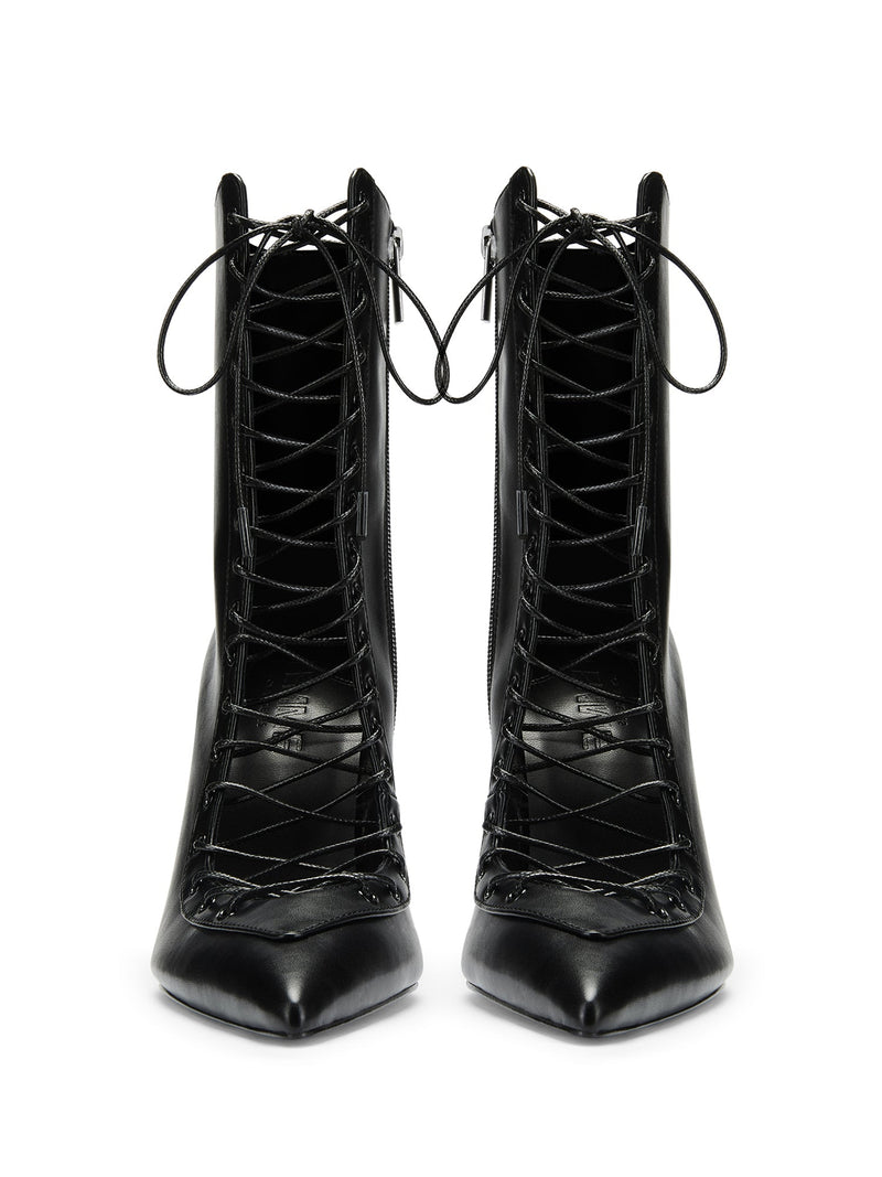 Femme LA Salem Boot in Black – front view of the pair showing full lace-up corset detail tied at top and pointed toes