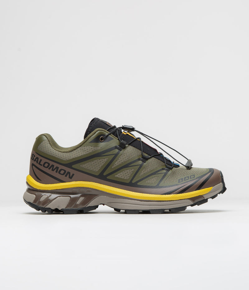 Salomon XT-6 Shoes in Olive Night and Black / Sulphur