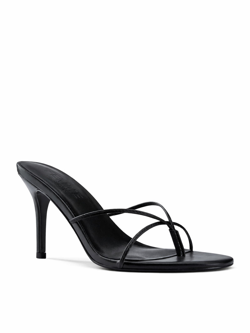 FEMME LA Sicilian Slipper in black smooth leather, 3/4 front angle showing thin crossed straps and FEMME-embossed insole