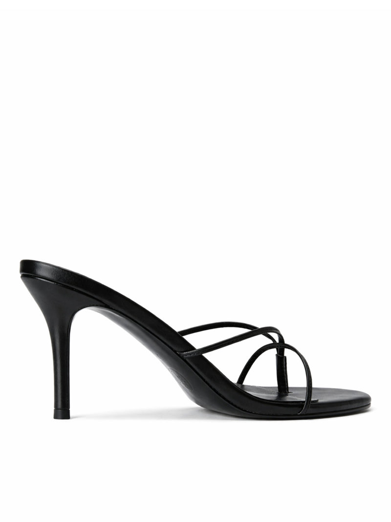 FEMME LA Sicilian Slipper in black, right side profile showing three thin toe straps and slim stiletto heel