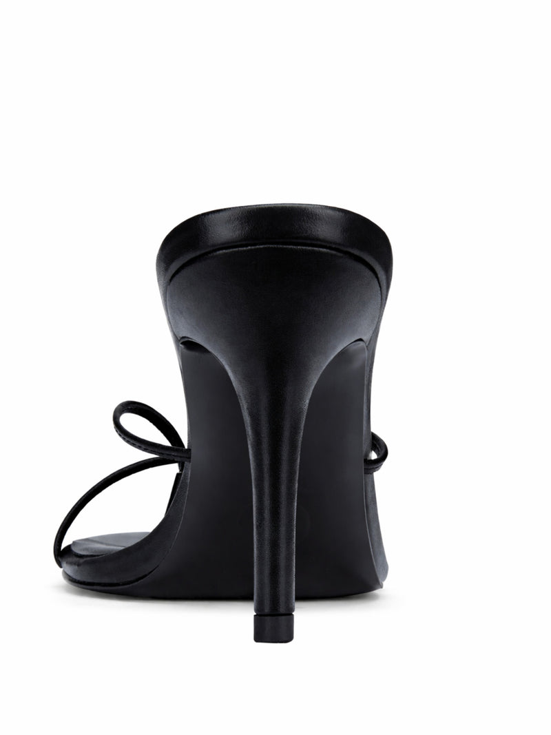FEMME LA Sicilian Slipper in black smooth leather, back view showing all-black slim stiletto heel and counter