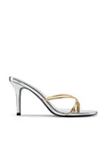 Femme LA Sicilian Slipper in Gold & Silver – side profile showing silver metallic body with contrasting gold crossed straps and black outsole