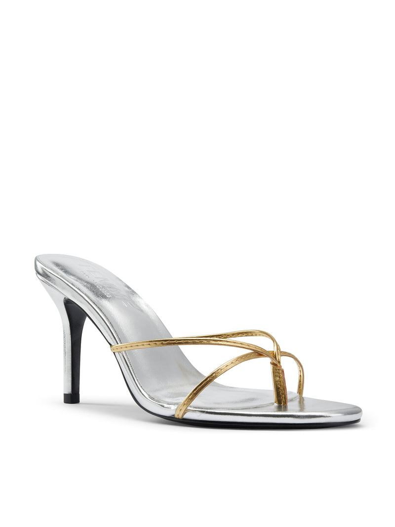 Femme LA Sicilian Slipper in Gold & Silver – front three-quarter view showing gold crossed straps against silver metallic insole and black outsole