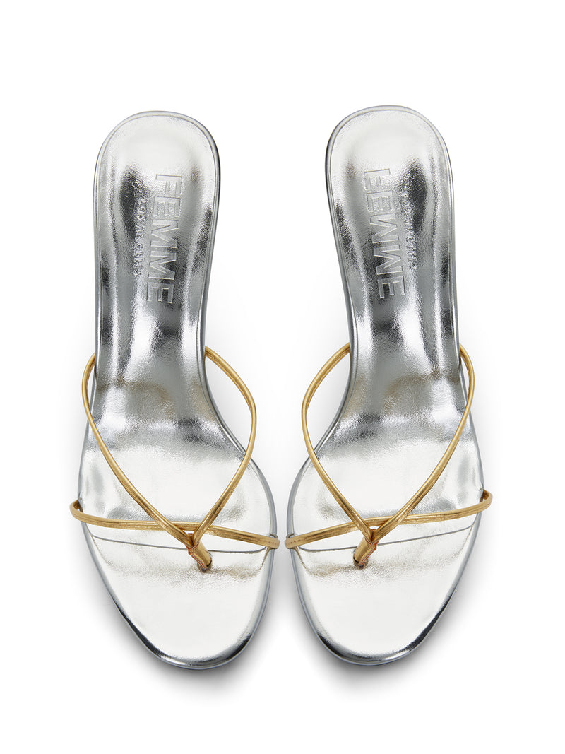 Femme LA Sicilian Slipper in Gold & Silver – overhead view of the pair showing FEMME LOS ANGELES on silver insoles with gold crossed straps