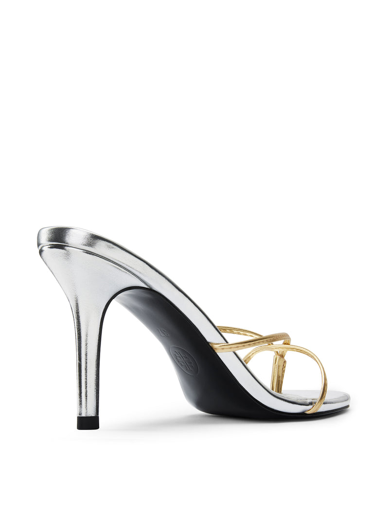 Femme LA Sicilian Slipper in Gold & Silver – angled rear view showing gold straps against silver heel and black outsole