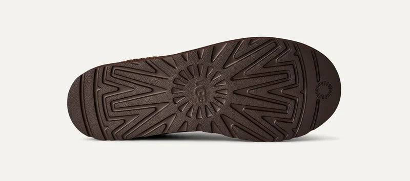 Brown UGG slipper on a light gray background