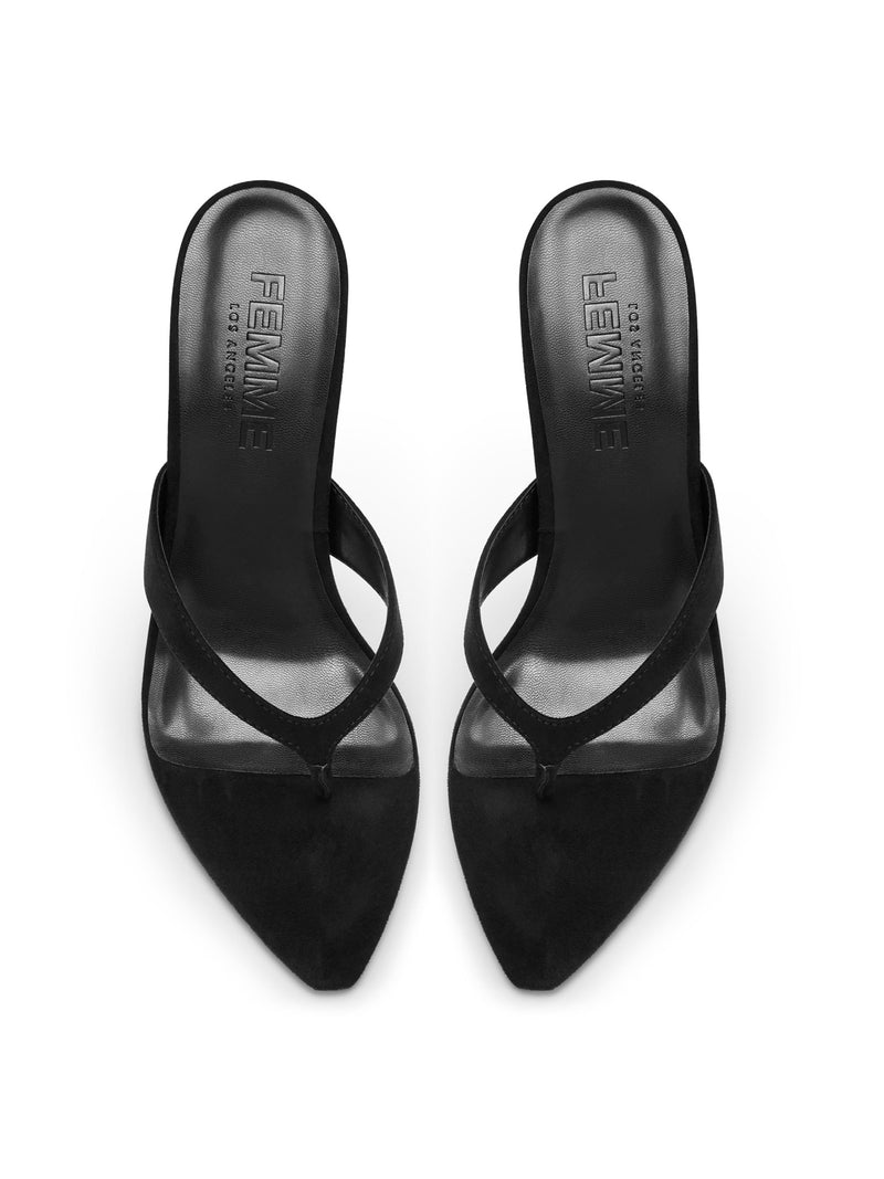 FEMME LA Tokyo Thong Sandal in Noir — overhead view of the pair showing pointed toes, thong strap, and FEMME LOS ANGELES embossed insoles