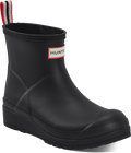 Quarter turn view Women's Hunter Footwear style name W Play Short Boot in color BLK HNTR. Sku: WS2020RMA-HBL01