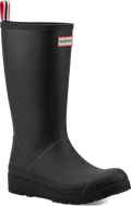 Quarter turn view Women's Hunter Footwear style name W Play Tall Boot in color BLK HNTR. Sku: WT2007RMA-HBL01