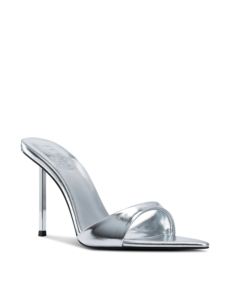 Femme LA Whiskey 100 in Platinum – front three-quarter view, silver metallic mule, thin toe strap, FEMME LOS ANGELES embossed silver metallic insole